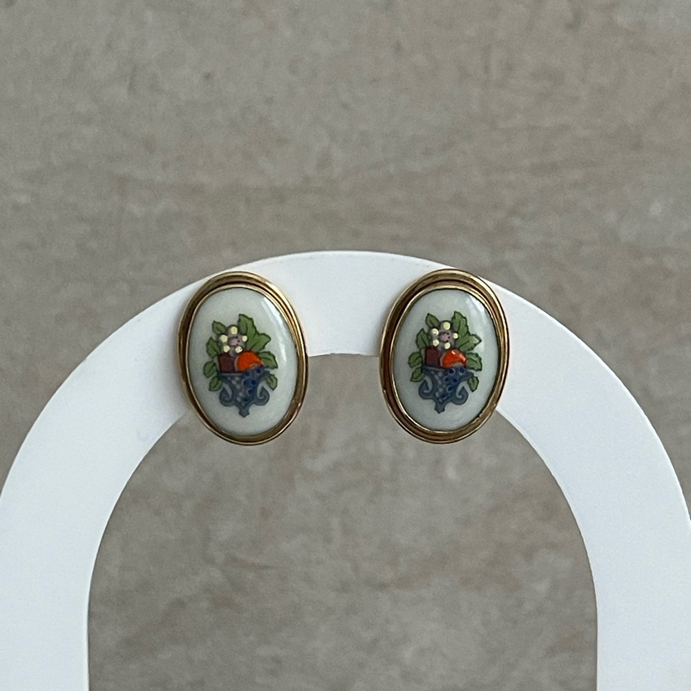 Vtg LENOX 14K GF Porcelain Autumn Floral Pierced Earrings